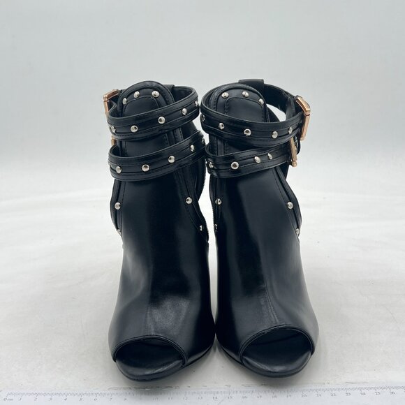 XYD Black Studs Peep Toe High Heels Buckled Double Straps Cutout Ankle Bootie - Picture 3 of 8